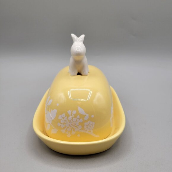Rare Rae Dunn Magenta Exclusive Yellow Ceramic Butter Dish Bunny Knob Floral - Picture 2 of 10